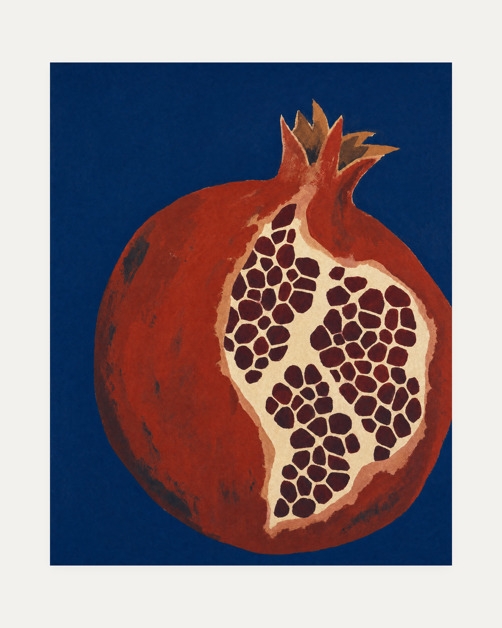 Night Pomegranate split pomegranate wall art, red fruit on navy field, cream seeds in a pale cut