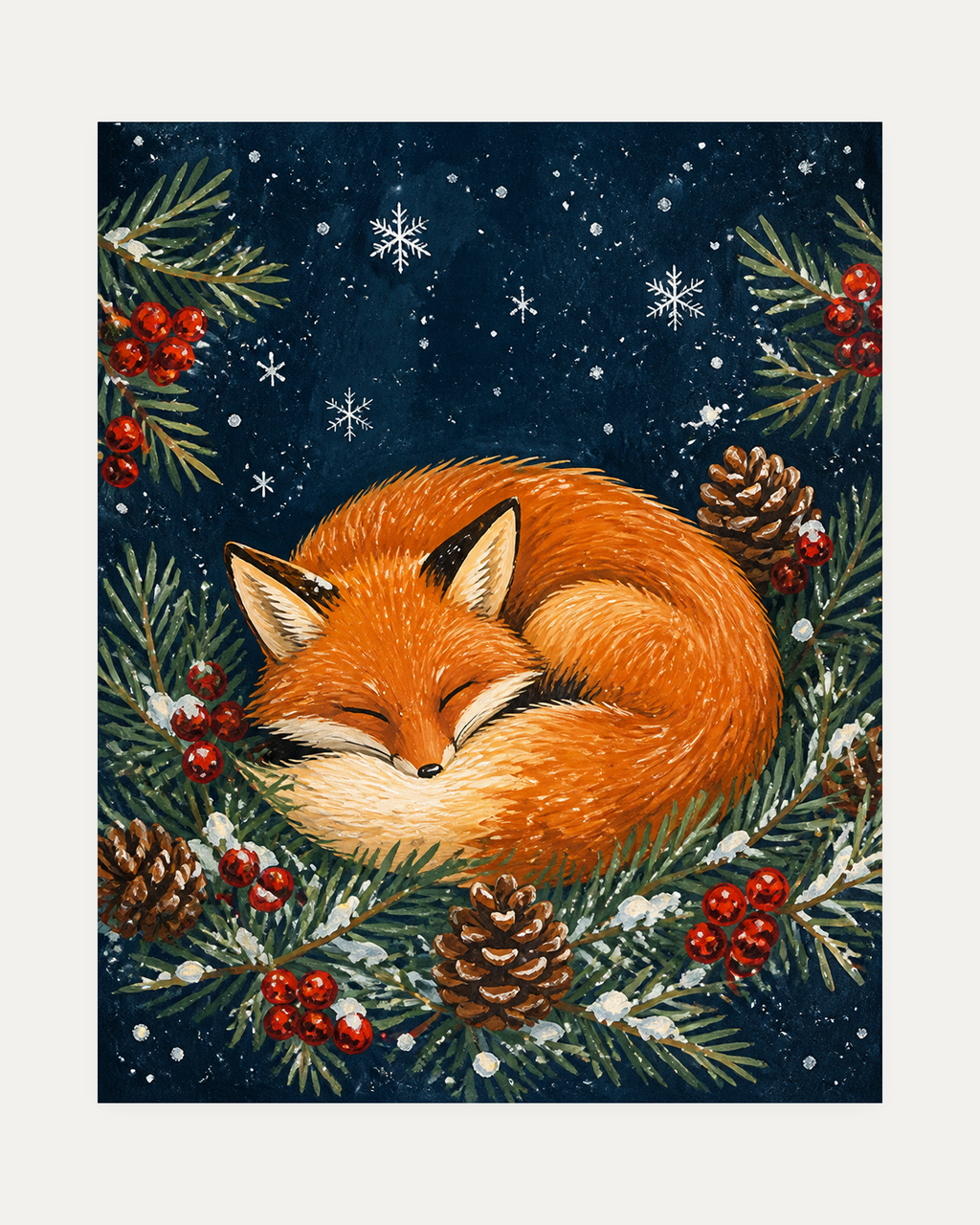 Fox Nap unframed winter fox print showing a sleeping fox in pine and berries