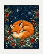 Fox Nap unframed winter fox print showing a sleeping fox in pine and berries