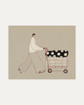Carry Pattern unframed person with shopping cart print showing person, shopping cart, and blankets in beige, black, and white