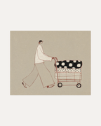 Carry Pattern unframed person with shopping cart print showing person, shopping cart, and blankets in beige, black, and white