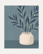 Slate Branch Vessel unframed teal vase botanical wall art print showing vase, leaves, and berries in blue, dark blue, and cream