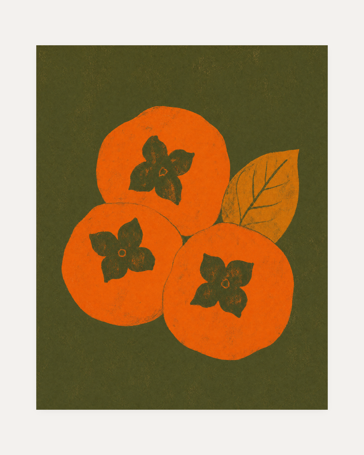 Olive Calyx, olive persimmon wall art, three orange fruits on dark olive ground with calyxes and ochre leaf