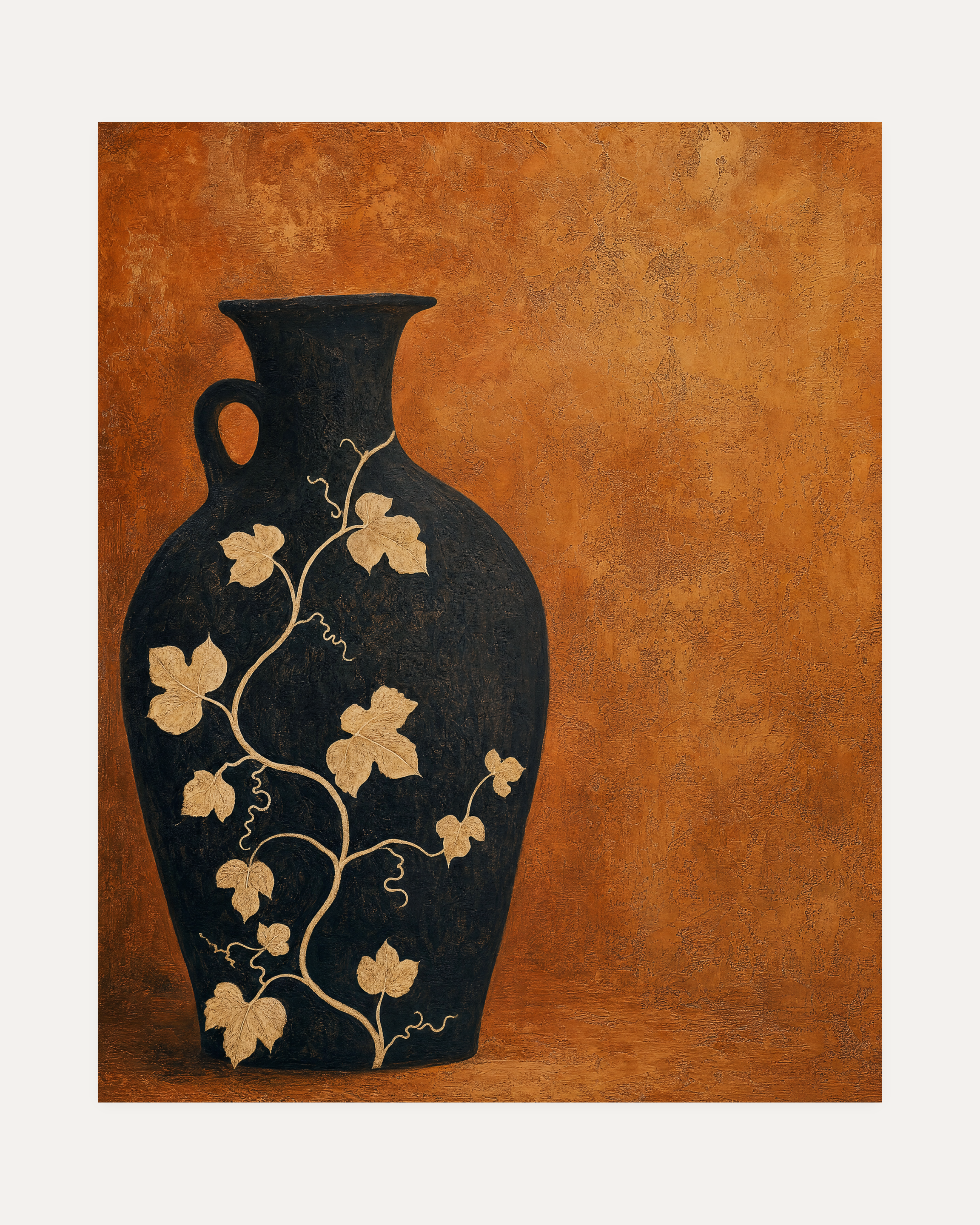 Black Amphora Motif unframed vase and leaves print showing vase, leaves, and vine in black, gold, and brown