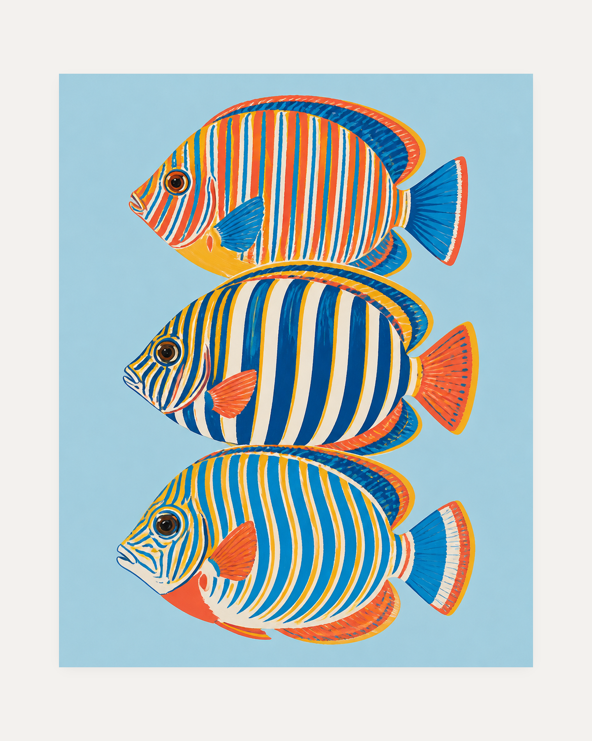 Reef Trio unframed blue fish wall art print showing three striped blue and orange reef fish