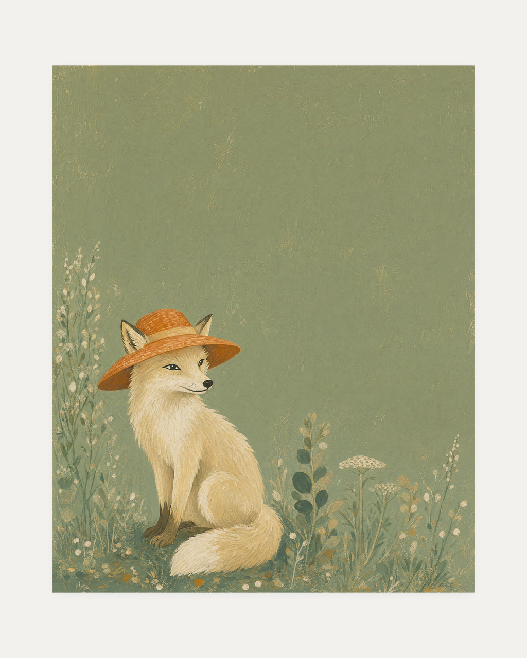 Fox Straw Hat Sage unframed fox print showing cream fox, terracotta hat, sage field