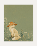 Fox Straw Hat Sage unframed fox print showing cream fox, terracotta hat, sage field