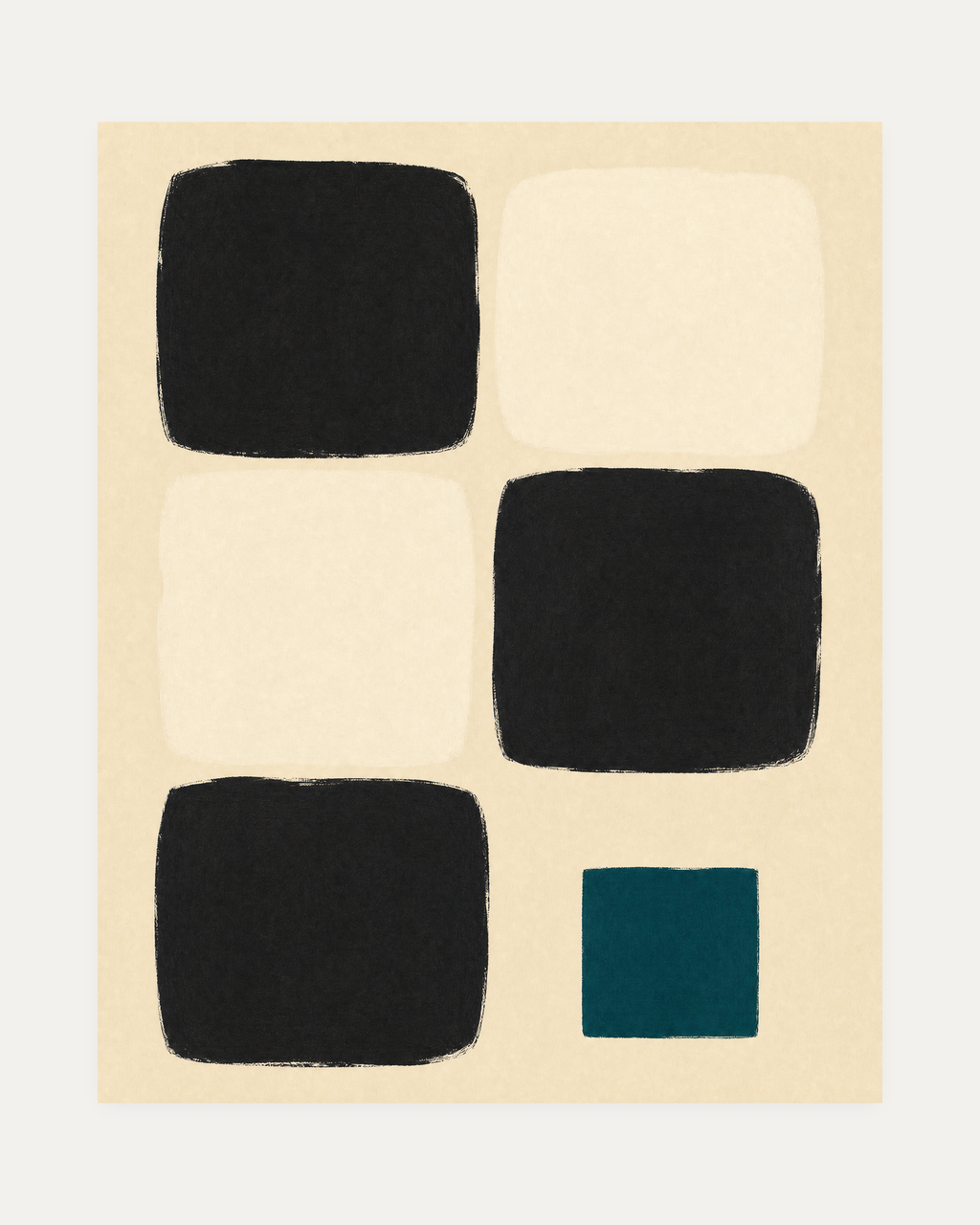 Fifth Check, teal check wall art, five rounded checks on cream with black blocks and a small teal square