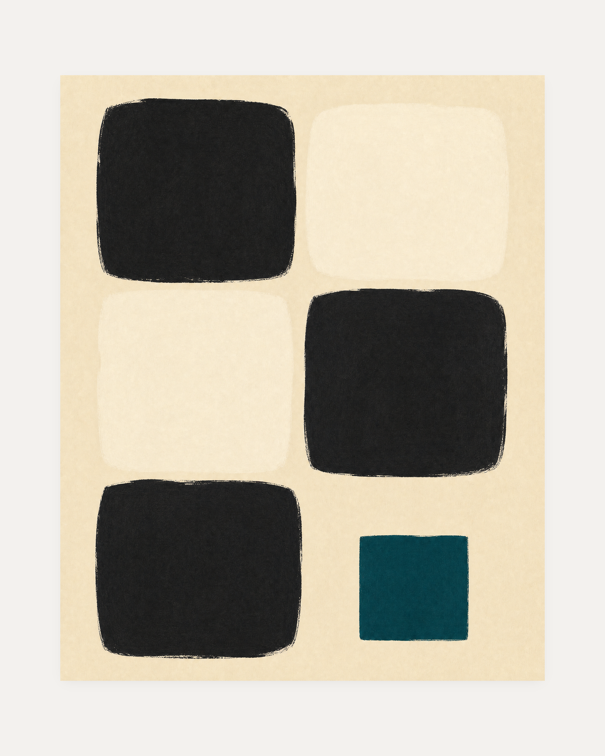 Fifth Check, teal check wall art, five rounded checks on cream with black blocks and a small teal square
