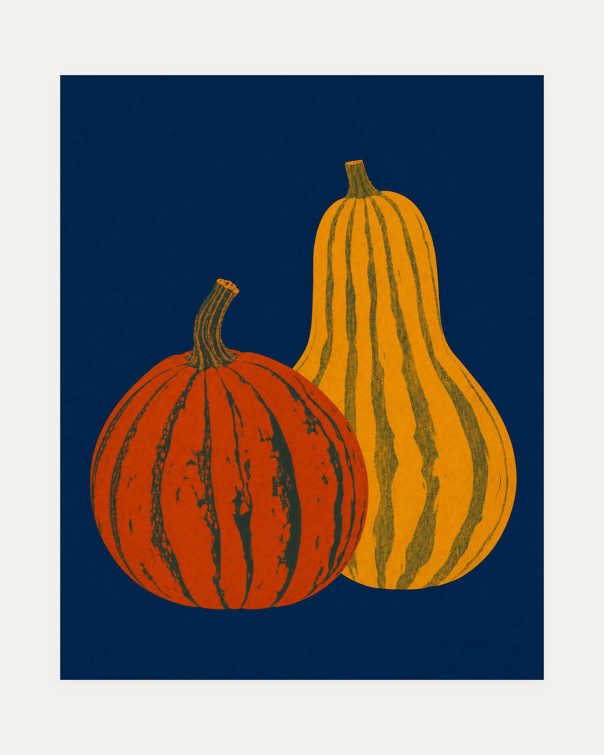 Late Harvest pumpkin delicata wall art with rust pumpkin, mustard-striped squash, and navy background