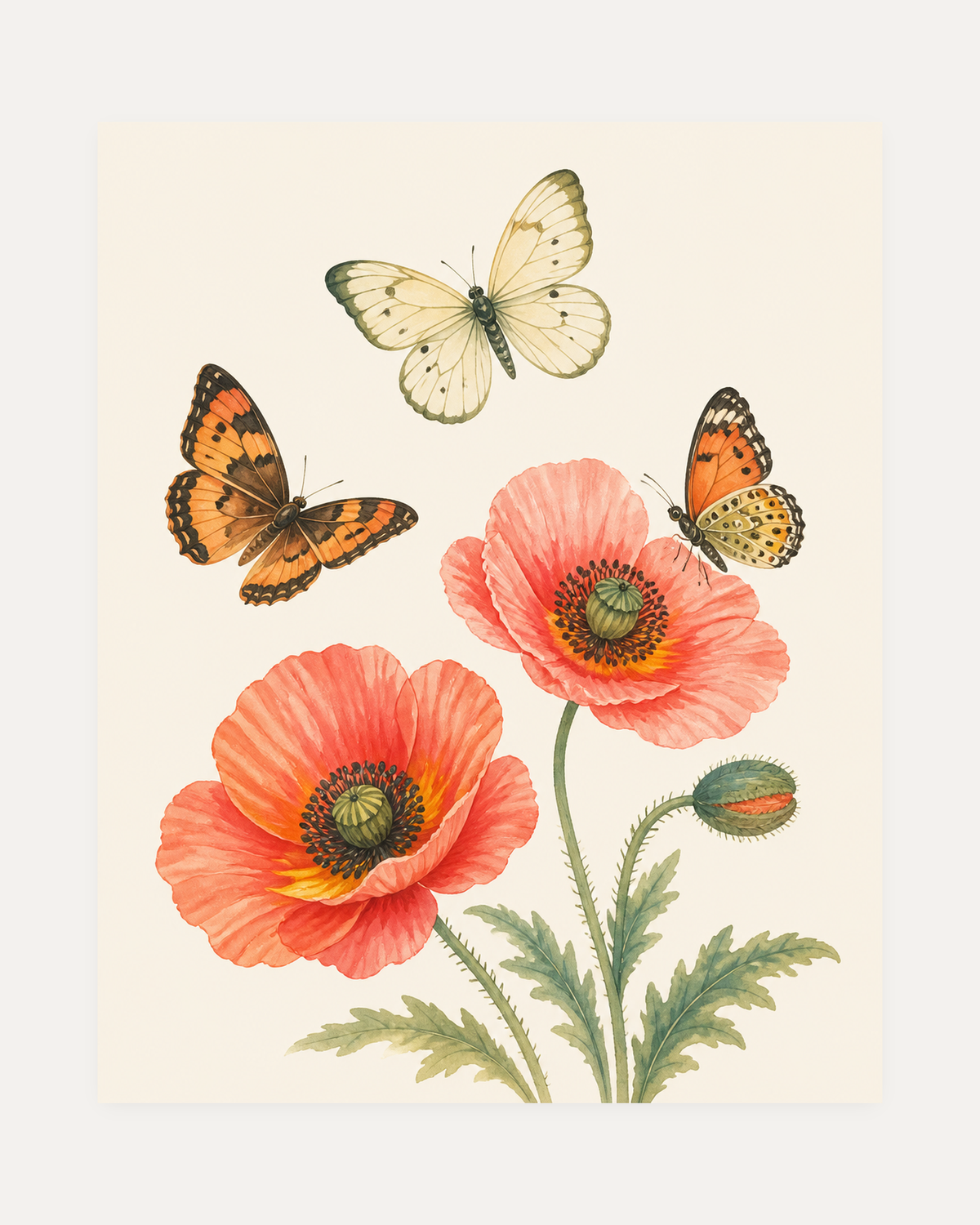 Poppy Visitors unframed poppy butterfly print showing coral poppies and butterflies on cream