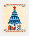 Gift Tree unframed modern christmas wall art print showing a blue folk tree and gifts