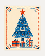 Gift Tree unframed modern christmas wall art print showing a blue folk tree and gifts