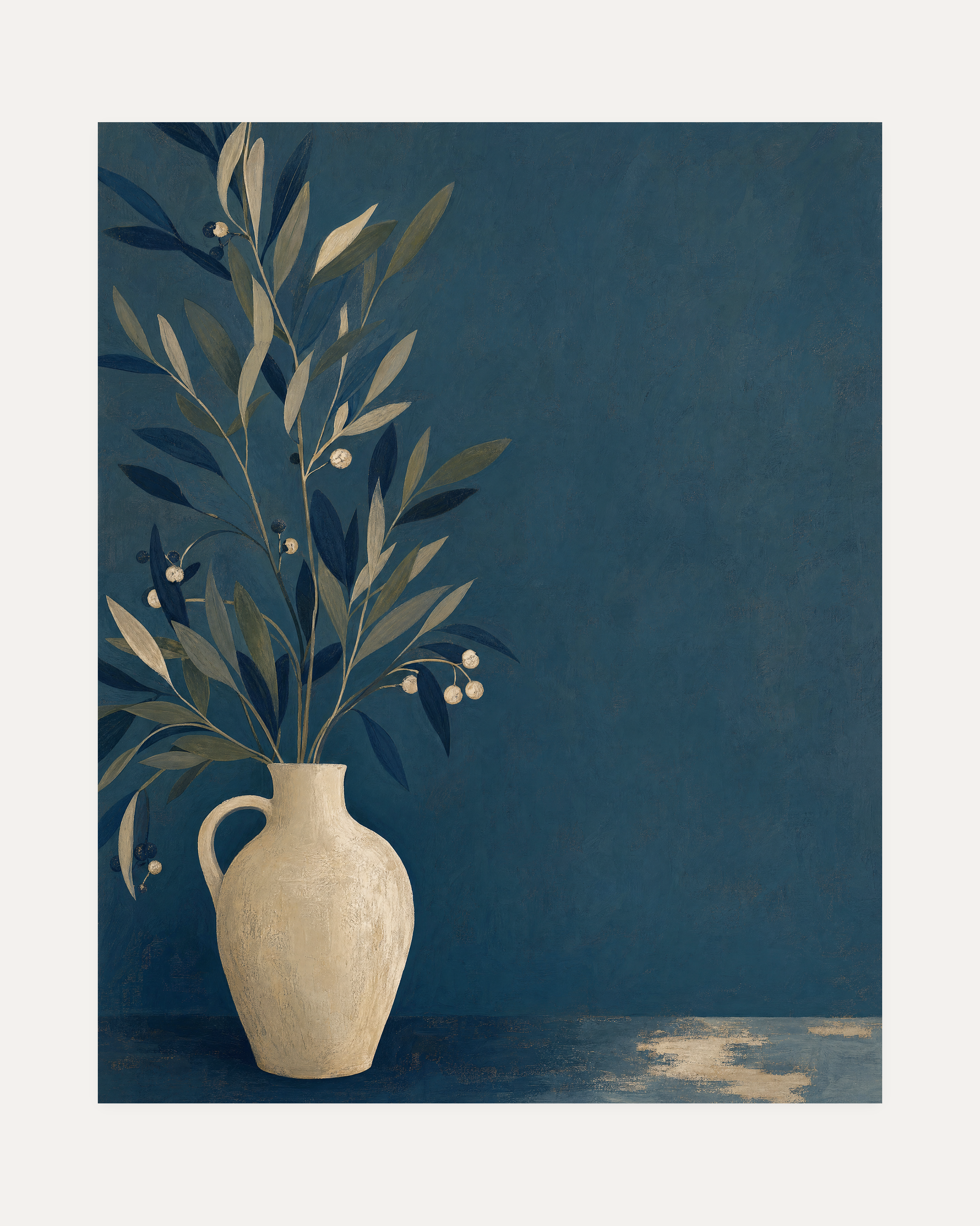 Teal Willow Pitcher unframed floral arrangement print showing vase, leaves, and berries in blue, beige, and green
