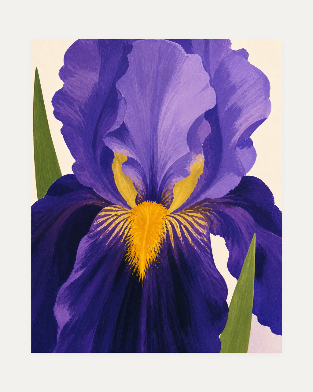 One Giant Yellow Beard unframed purple iris wall art print showing oversized purple bearded iris with yellow center and green leaves