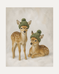 Hat Day Fawns unframed hatted fawn print showing two fawns in green hats