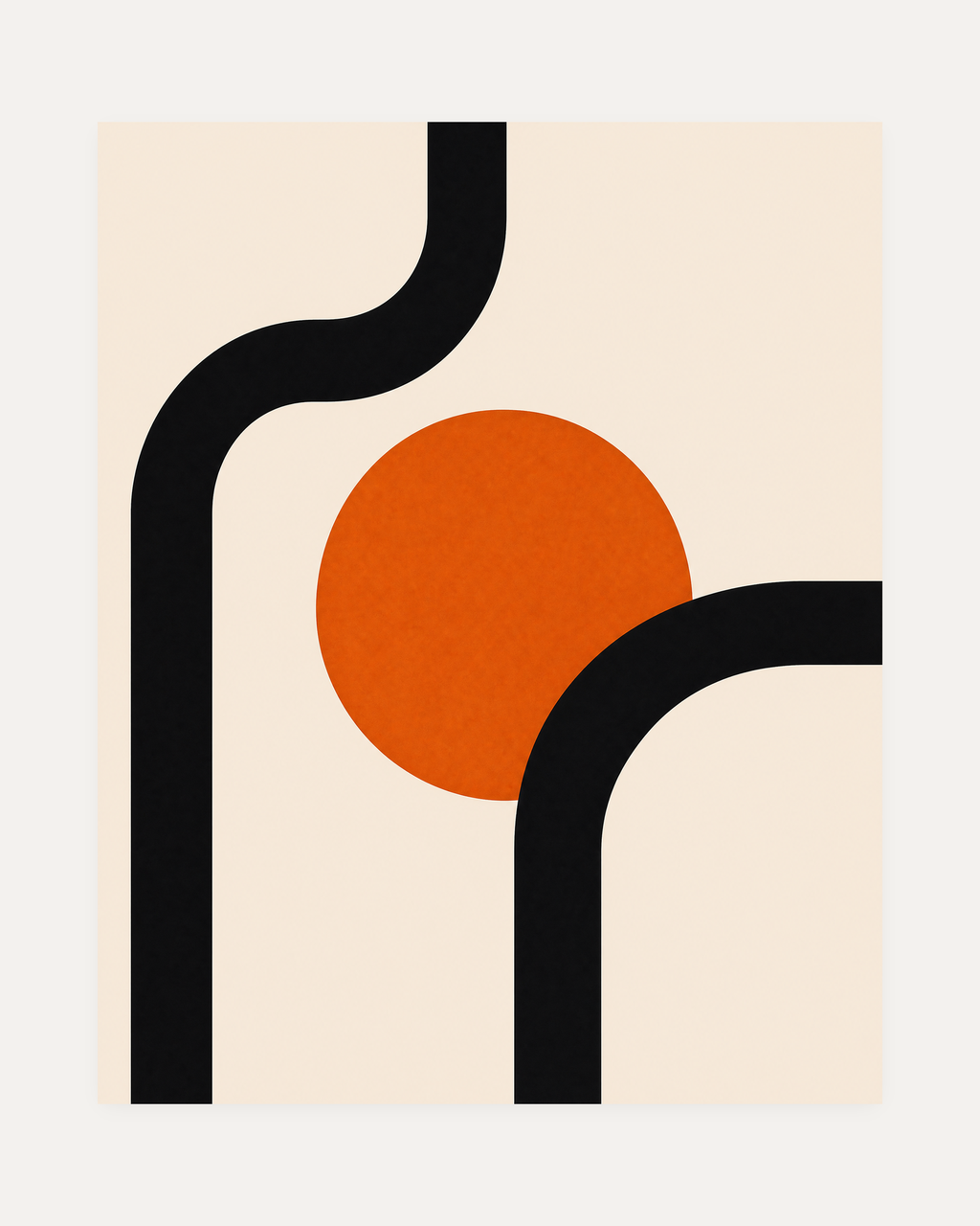Orange Pause, orange disk wall art, solid orange circle, black curved bands, cream gaps on beige ground