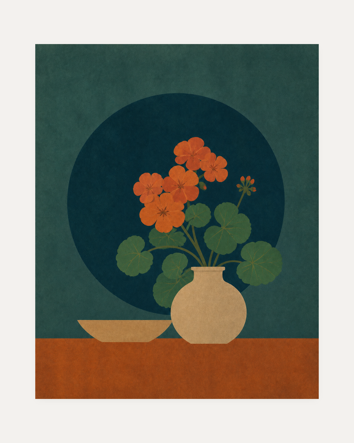 Morning Geraniums unframed vintage botanical flower prints print showing orange geraniums in a cream vase before a navy disk