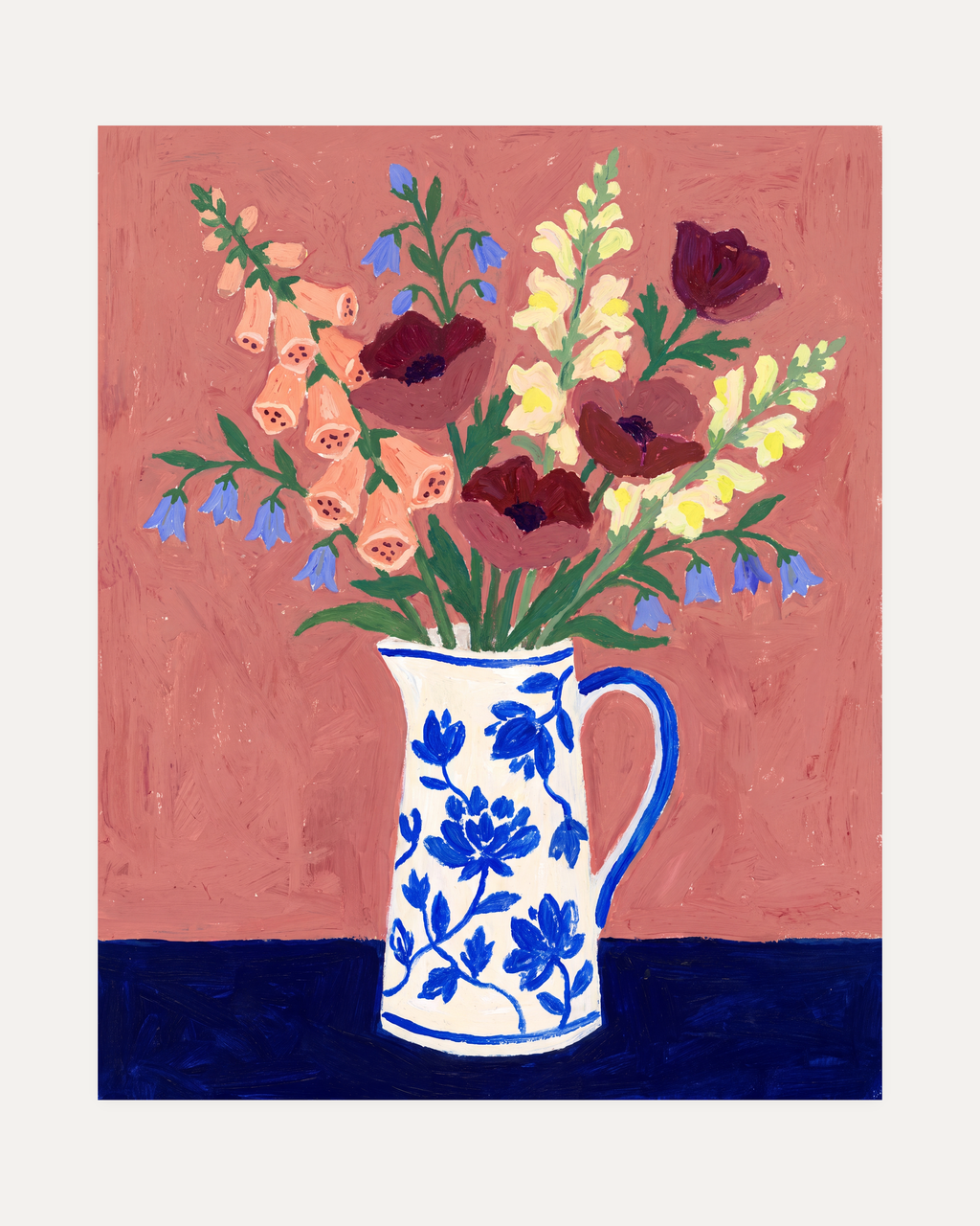 Pink Table Blooms unframed terracotta floral wall art print showing flowers against a pink and navy field