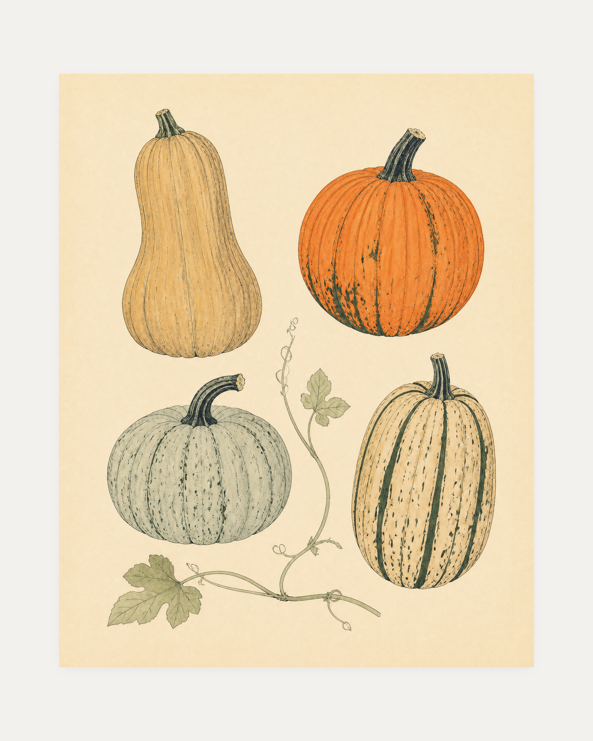 Squash Sweep squash specimen wall art with orange pumpkin, gray pumpkin, striped squash, and sage curling stems