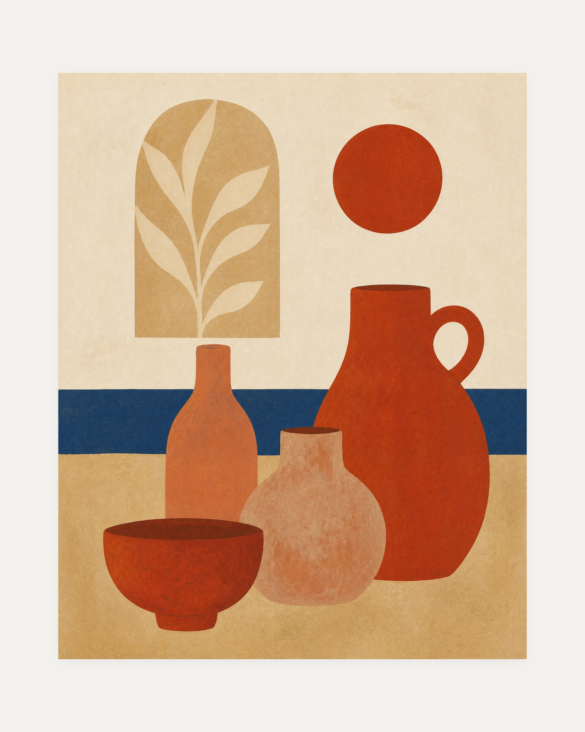 Table Hour terracotta bottle wall art with bowl, bottles, handled jug, leaf plaque, cobalt line, cream ground