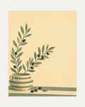 Low Urn Two Bays unframed olive wall art print showing striped urn, olive stems, cream field