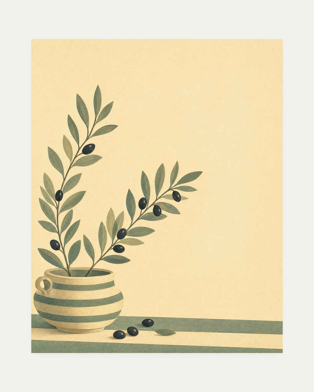 Low Urn Two Bays unframed olive wall art print showing striped urn, olive stems, cream field