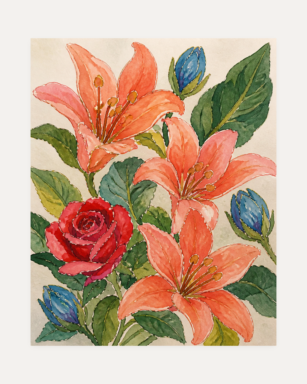 Rose Hour unframed rose wall art print showing coral lilies and a red rose