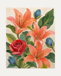 Rose Hour unframed rose wall art print showing coral lilies and a red rose