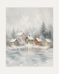 Snow Village unframed mist village print showing houses beside a frozen pond