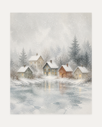 Snow Village unframed mist village print showing houses beside a frozen pond