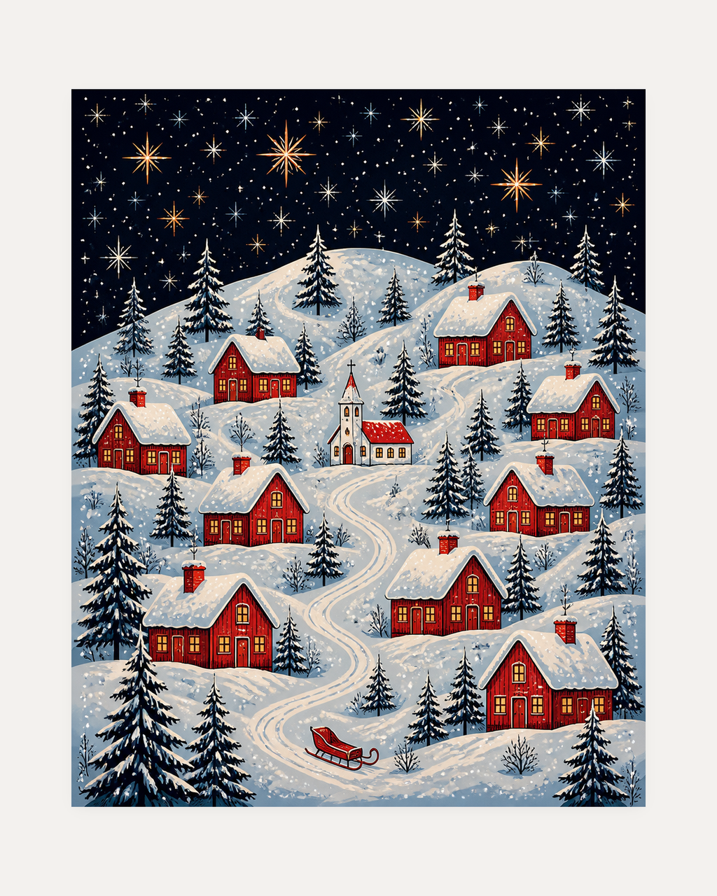 Hill After Dark unframed hillside village print showing red cottages on a snowy hill
