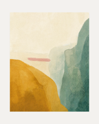 Mustard Hill Fields unframed mustard yellow abstract wall art print showing mountain, hill, and cliff in yellow, green, and beige