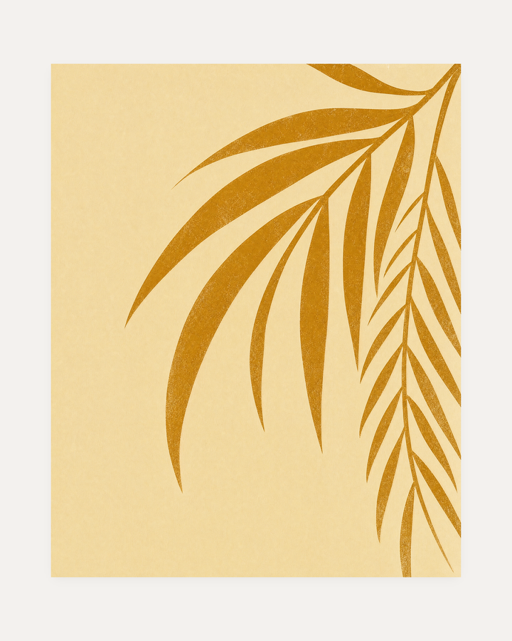 Twin Ochre Blades unframed ochre leaf print showing ochre palm blades, cream field