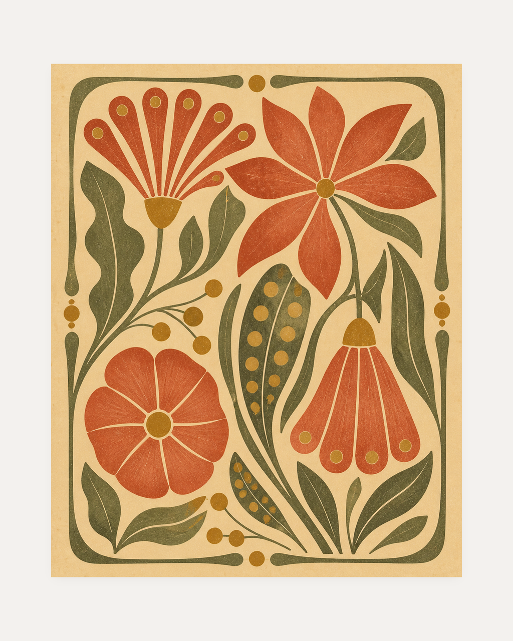 Flower Hour unframed art nouveau prints print showing coral flowers and dotted leaves inside a sage border