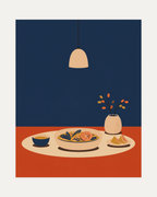 Supper Light unframed dinner table wall art print showing a supper bowl, cup, and vase under a hanging lamp