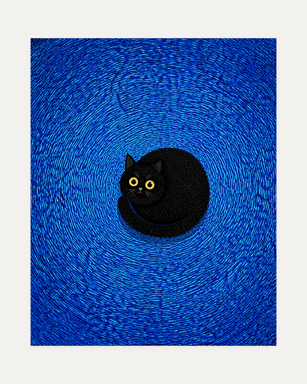 Spiral Cat unframed curled black cat print showing a curled black cat on blue
