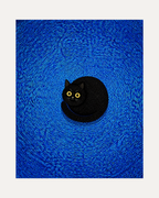 Spiral Cat unframed curled black cat print showing a curled black cat on blue