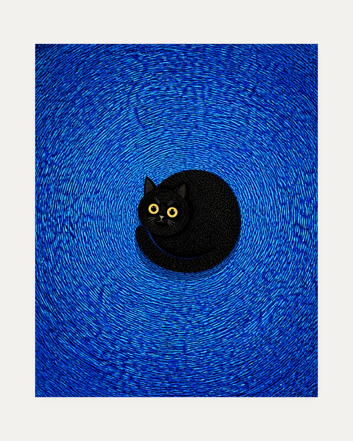 Spiral Cat unframed curled black cat print showing a curled black cat on blue