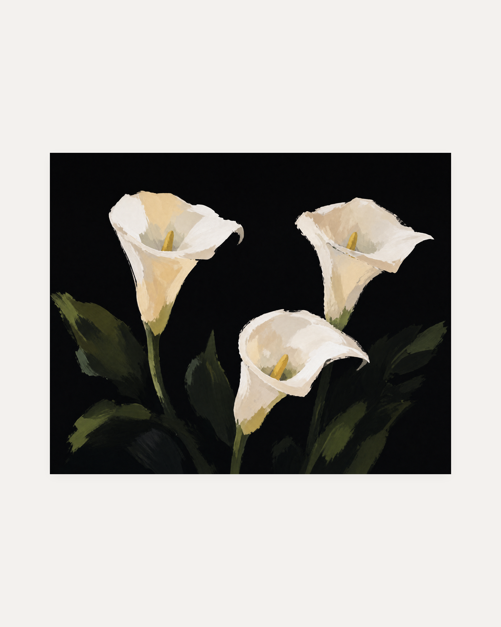 Night Callas cream calla lily wall art, three cream callas on black with muted green leaves in landscape layout