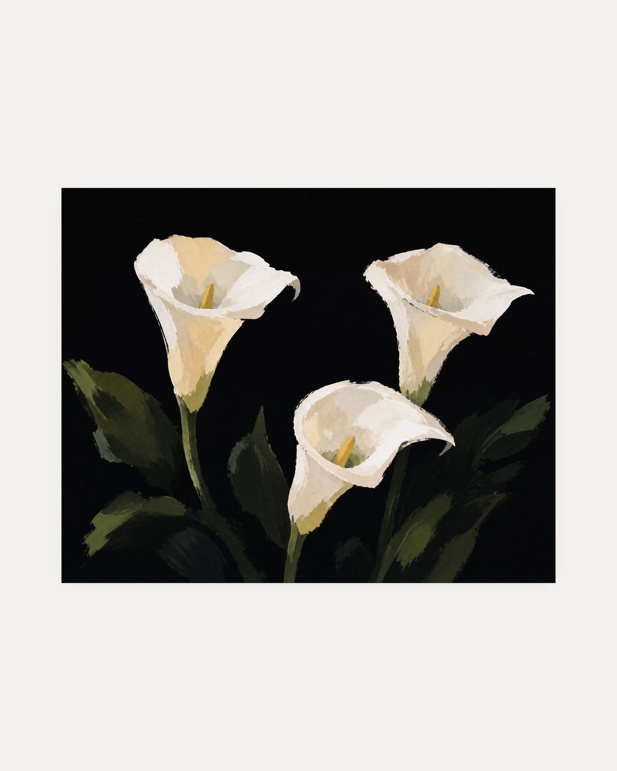 Night Callas cream calla lily wall art, three cream callas on black with muted green leaves in landscape layout