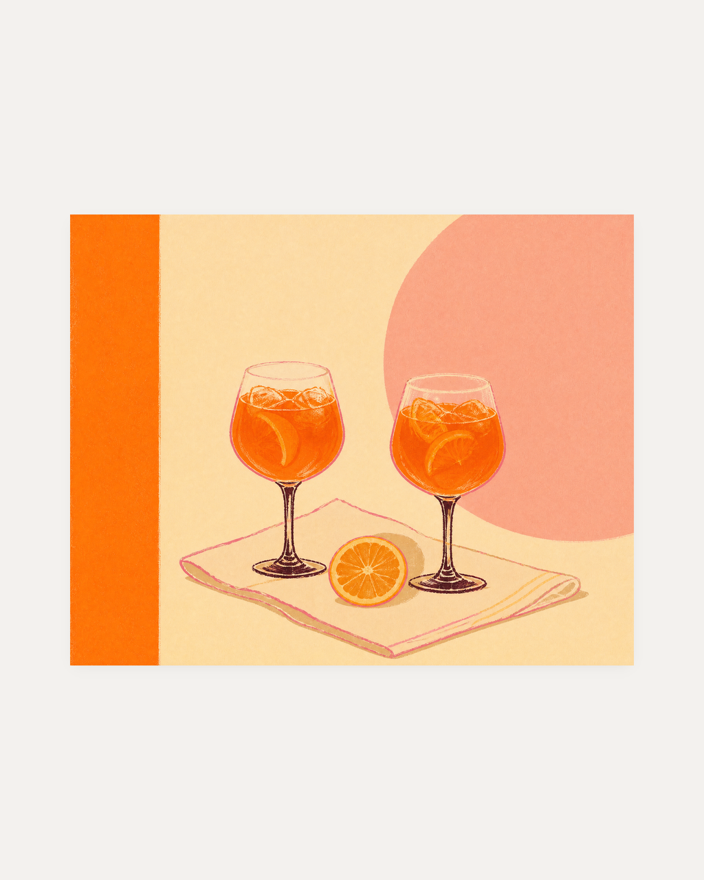 Spritz Pair, spritz glass wall art with two orange drinks, orange slices, cream napkin, and pink disc