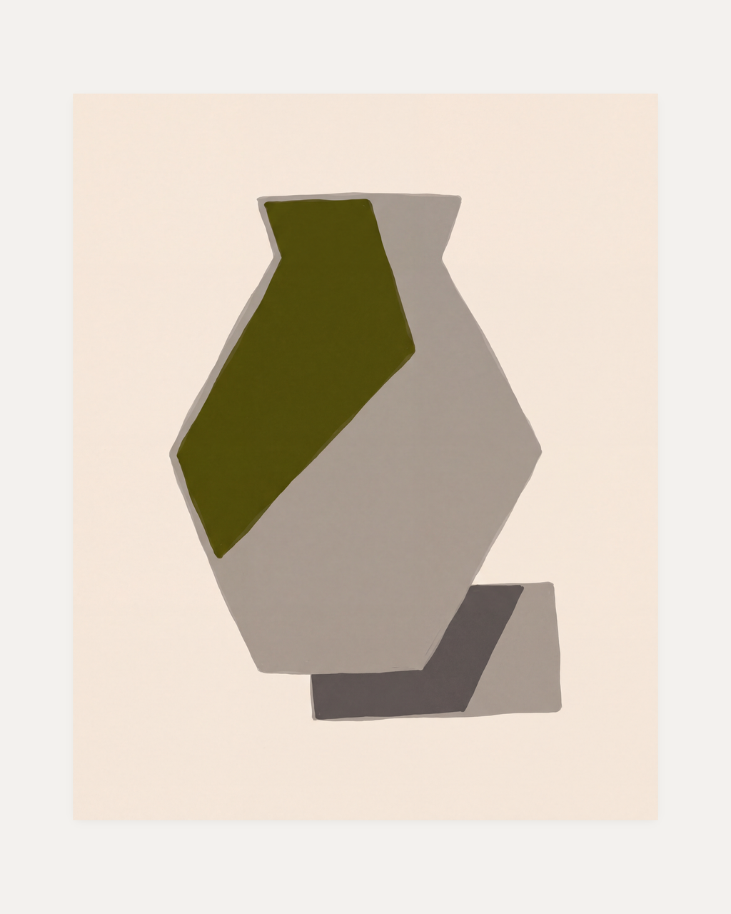 Olive Vessel unframed olive green geometric wall art print showing taupe vessel with olive facet on cream