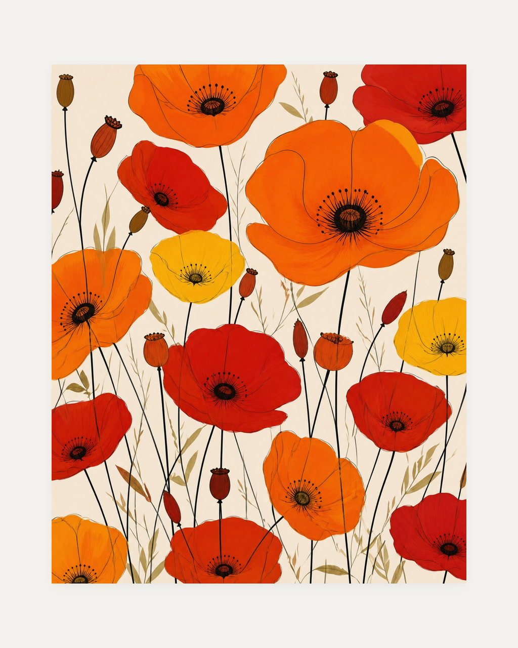 Meadow Scatter, poppy meadow scatter wall art, four red-orange poppies, terracotta seed pod, thin stems