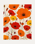 Meadow Scatter, poppy meadow scatter wall art, four red-orange poppies, terracotta seed pod, thin stems