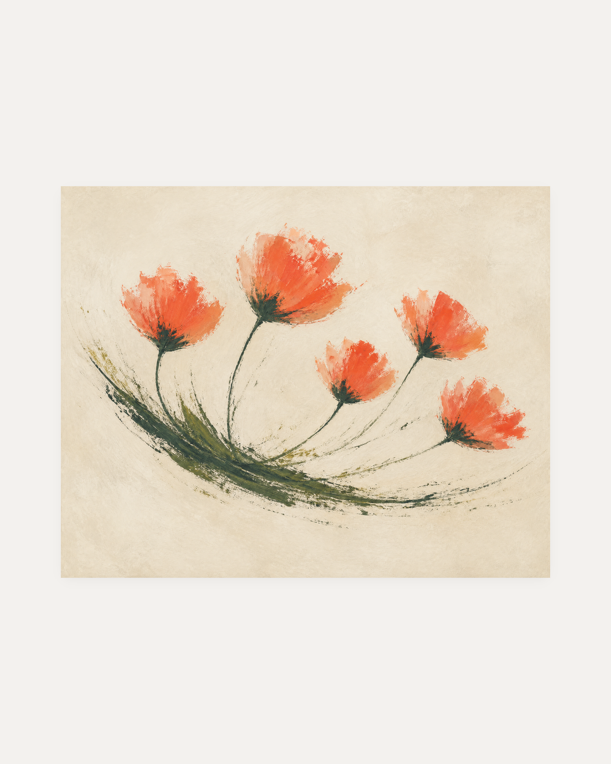 Five O'Clock Blooms, coral brush flower wall art, five coral blooms on a curved green stem over cream ground
