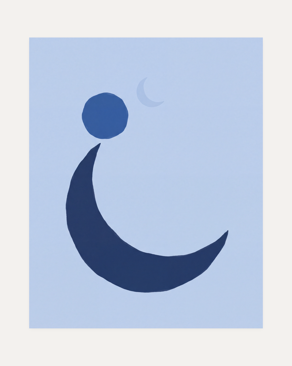 Blue Crescent unframed blue moon wall art print showing navy crescent and blue moons on pale blue