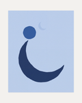 Blue Crescent unframed blue moon wall art print showing navy crescent and blue moons on pale blue