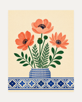 Lisbon Anemones, anemone vase wall art, coral anemone flowers, dotted blue vase, green leaves.