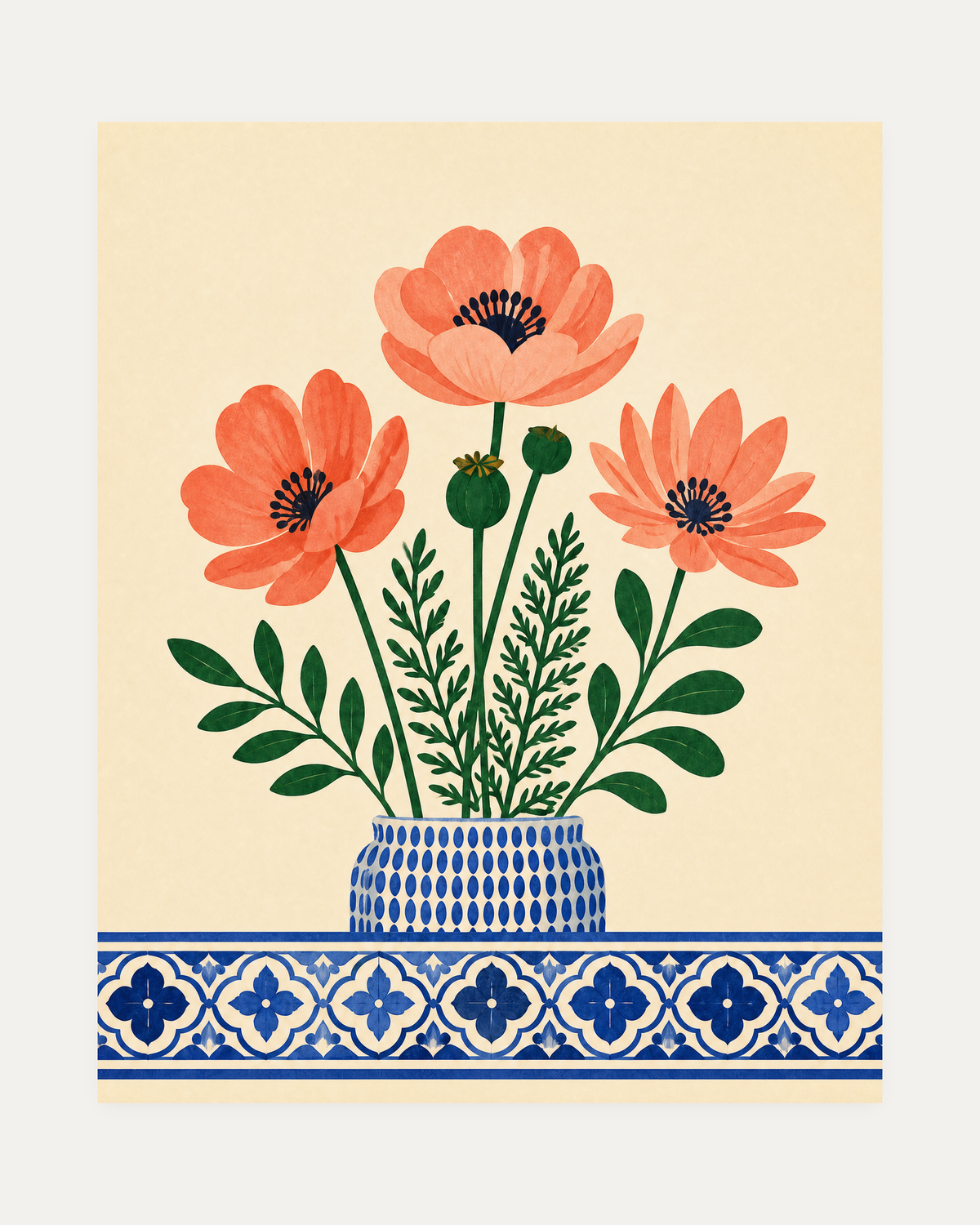 Lisbon Anemones, anemone vase wall art, coral anemone flowers, dotted blue vase, green leaves.